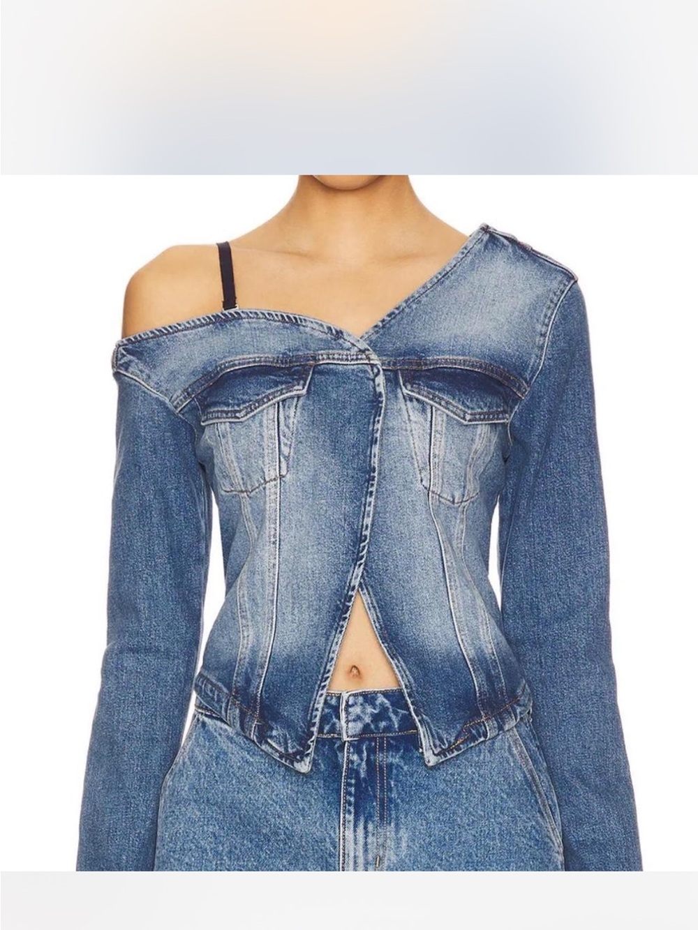 GOOD AMERICAN Asymmetric Stretch Denim Off The Shoulder Shirt Size Medium